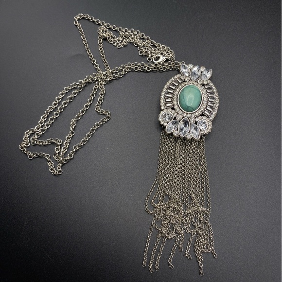 Crystal & Faux Turquoise Cabochon Necklace With Chain Dangles - Picture 6 of 9